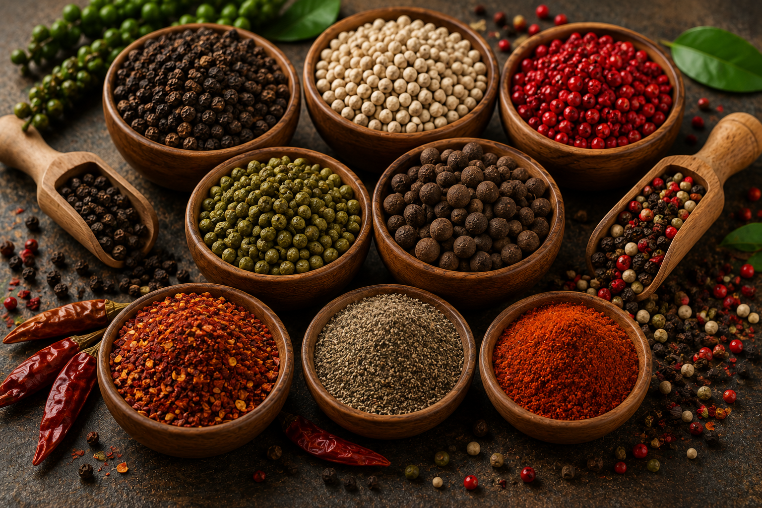 Pimientas, negra, cayena, blanca, dulce